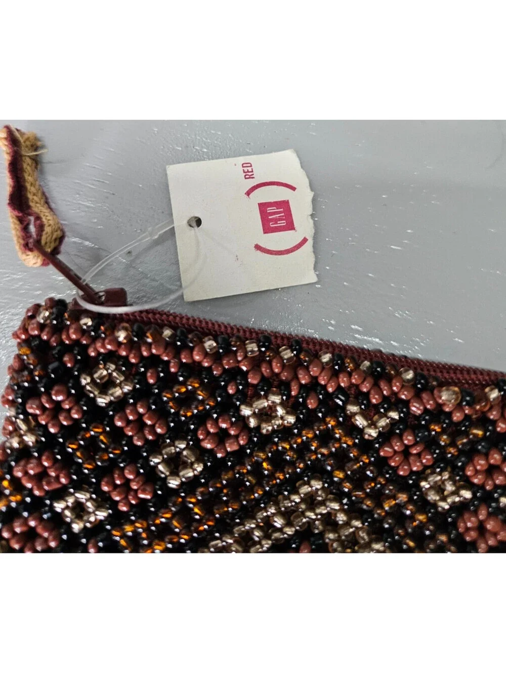 Gap Red Beaded Coin Purse Zip Pouch Brown Black Tribal Geometric NWT